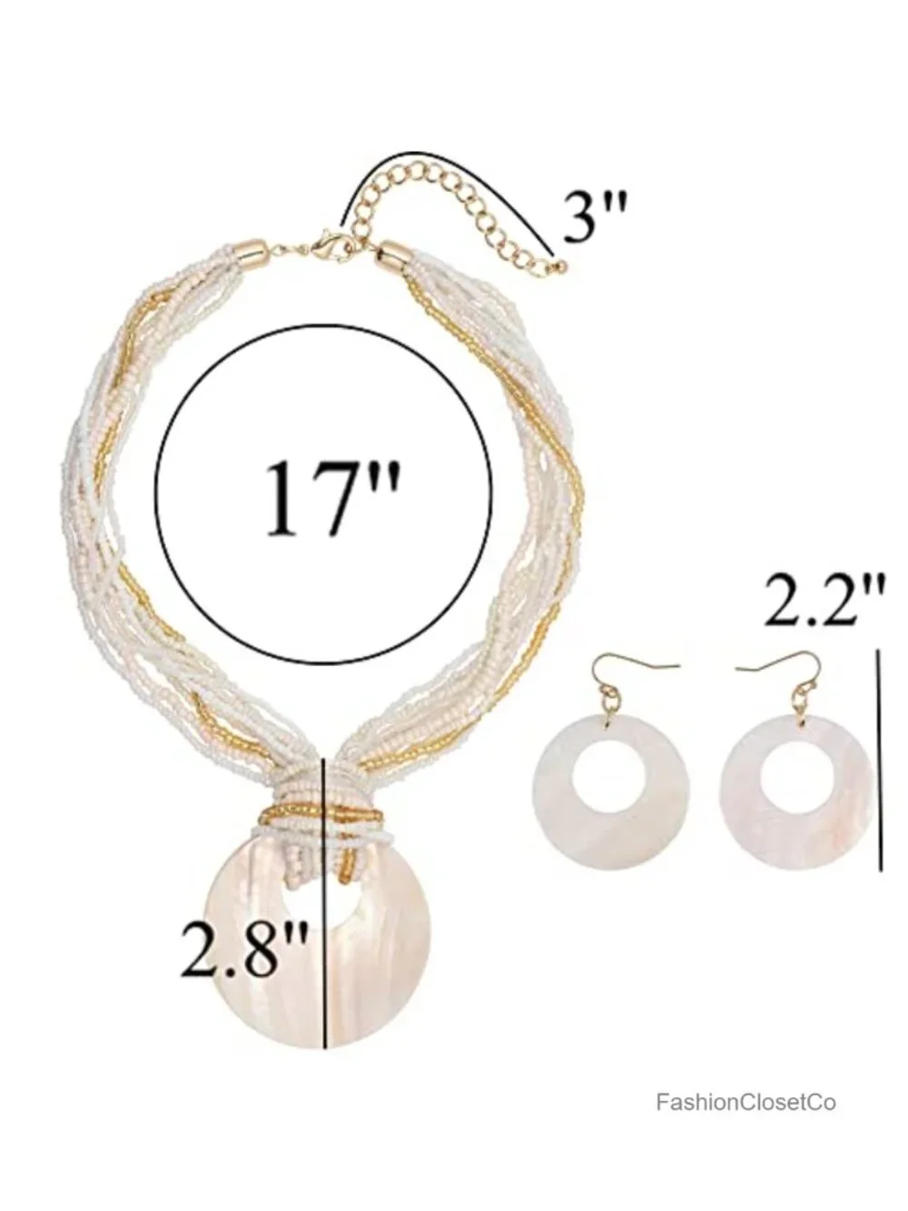 Multi Strand Beaded Shell Pendant Necklace with Matching Earrings